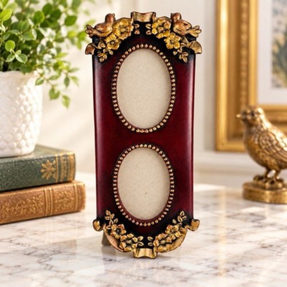 Vintage Ornate Brass Tone Double Oval Picture Frame Easel Back Cast Metal